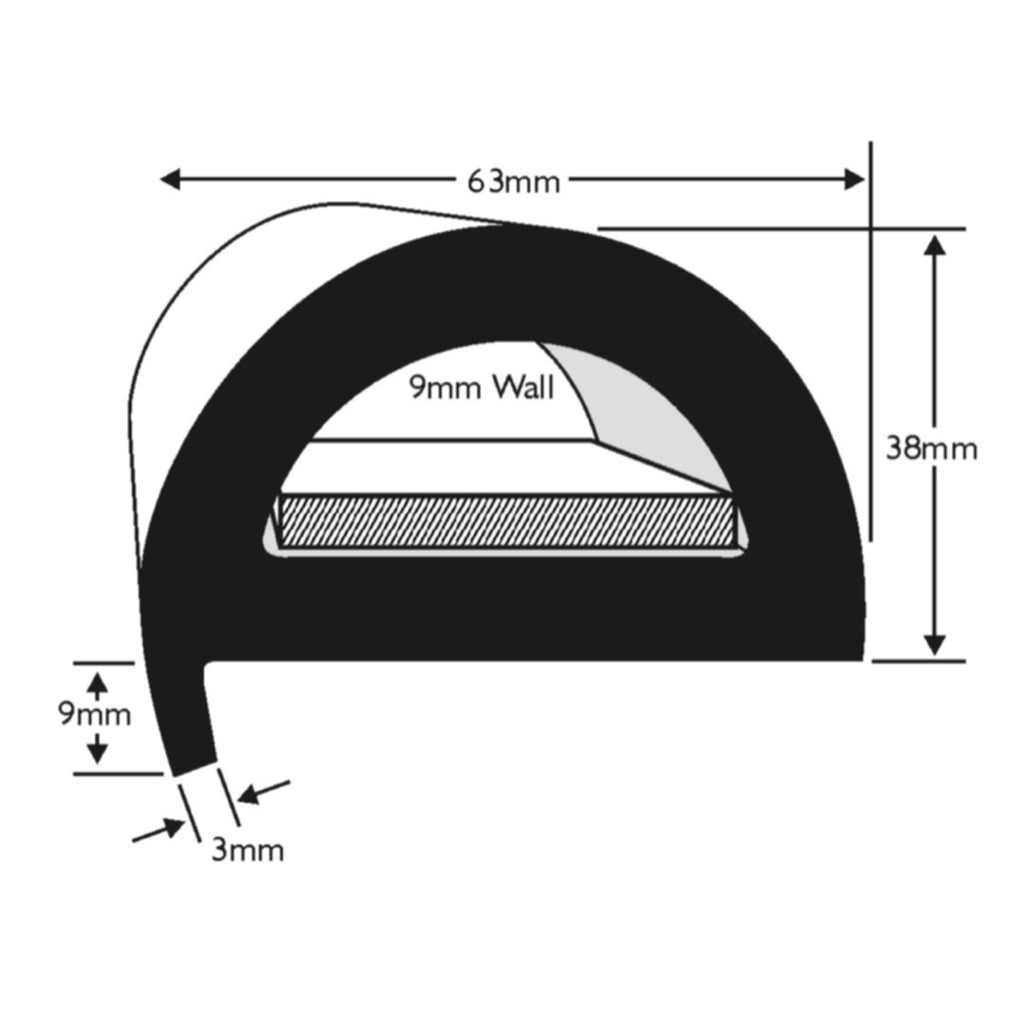 Boat D Fender 63MM Base Rubbing Strake Black 9 Metre Roll